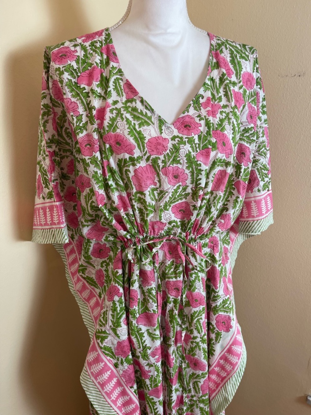 Boho Floral Caftan Maxi Dress Cotton Kaftan Resort Vacation Folk Print Artsy OS - Picture 8 of 14